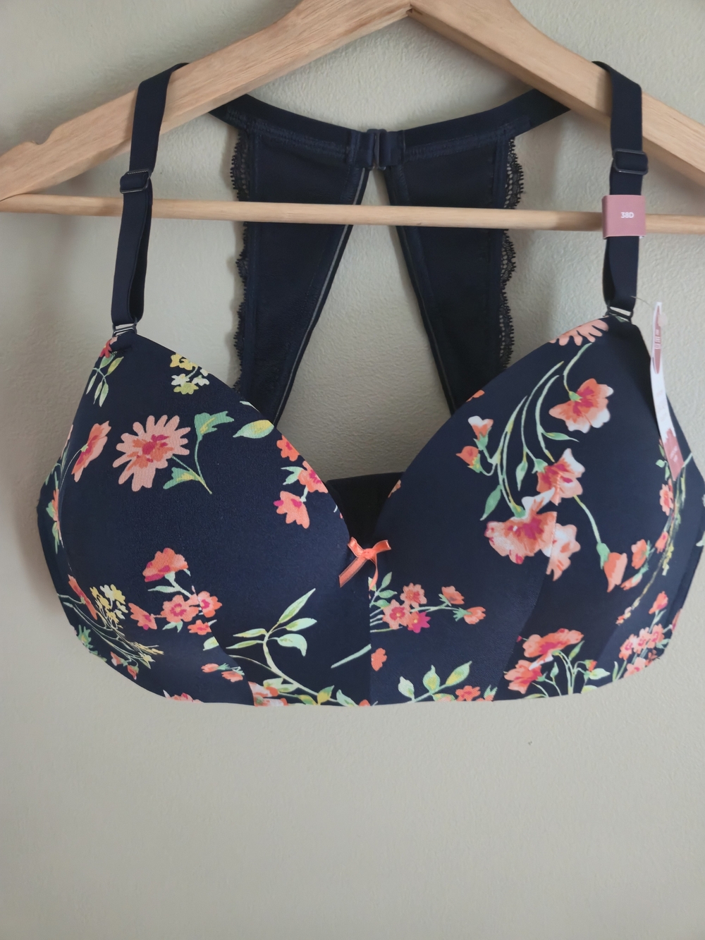 Cacique Navy Floral Full Coverage Bra with Coral Accent